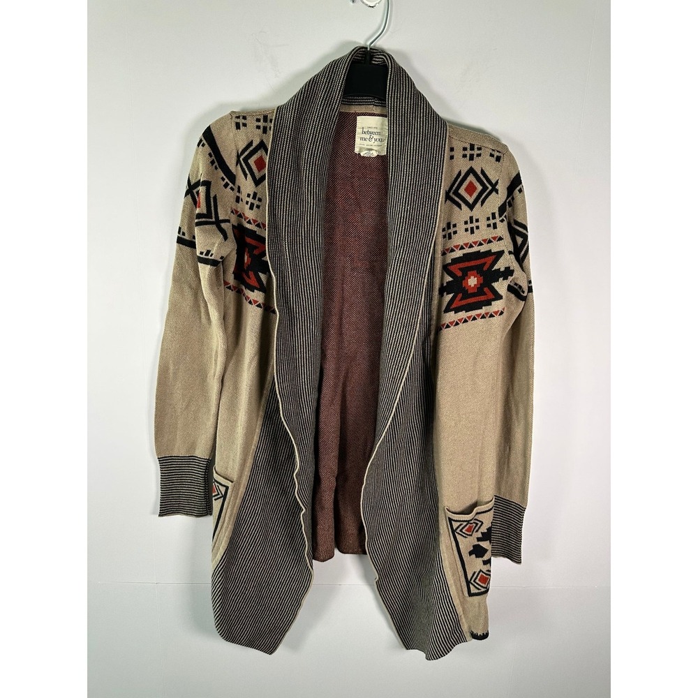 between me & you Cardigan Womens S Aztec Open Front Long Knit Beige Black Rust